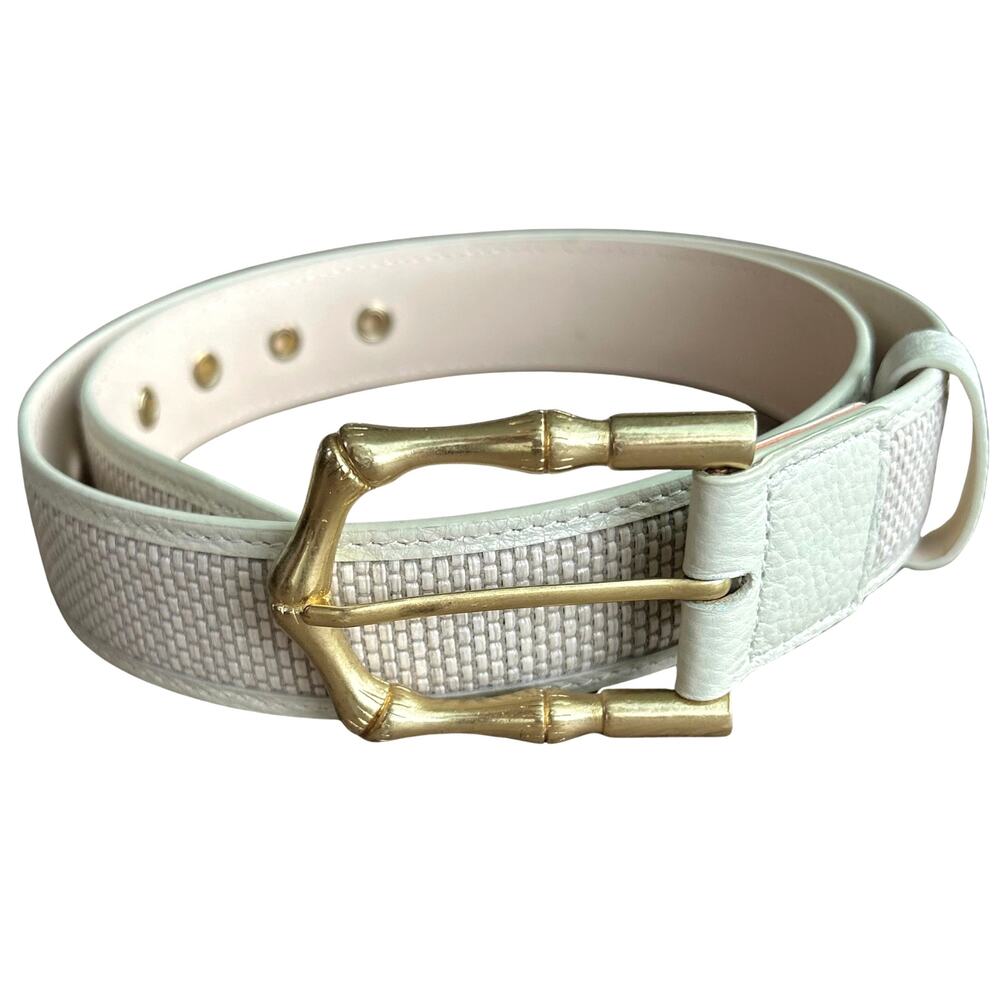 J.McLaughlin Jayla Grasscloth White Leather Raffia Belt Gold Bamboo Buckle M - Picture 9 of 15